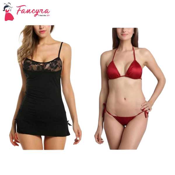 Fancyra Combo Set of 2 Stylish Lingerie Babydoll And Bra Panty Set Free Size Black And Maroon Color