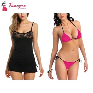 Fancyra Combo Set of 2 Stylish Lingerie Babydoll And Bra Panty Set Free Size Black And Pink Color