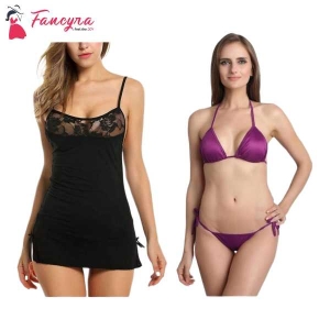Fancyra Combo Set of 2 Stylish Lingerie Babydoll And Bra Panty Set Free Size Black And Purple Color
