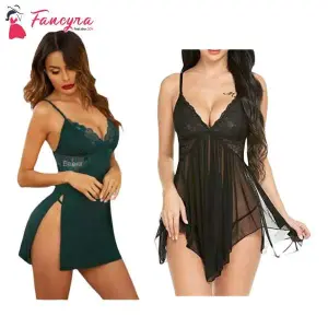 Fancyra Combo Set Of Nightwear Baby Doll Cotton Lingerie For Women For Honeymoon Free Size Green And Black Color