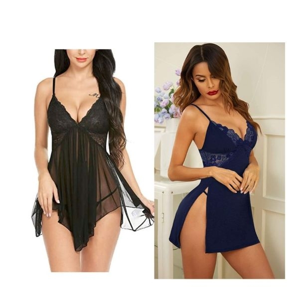 Fancyra Combo Set Of Nightwear Baby Doll Lingerie For Women For Honeymoon Free Size Black And Navy Blue Color - Image 2