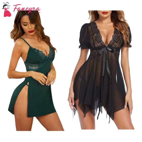 Fancyra Combo Set Of Nightwear Baby Doll Lingerie For Women For Honeymoon Free Size Green And Black Color