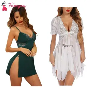 Fancyra Combo Set Of Nightwear Baby Doll Lingerie For Women For Honeymoon Free Size Green And White Color
