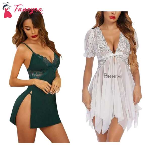 Fancyra Combo Set Of Nightwear Baby Doll Lingerie For Women For Honeymoon Free Size Green And White Color