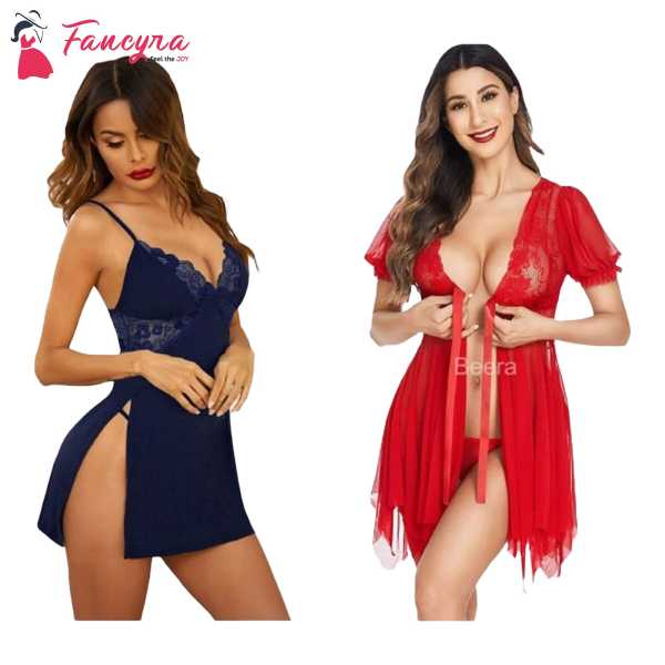 Fancyra Combo Set Of Nightwear Baby Doll Lingerie For Women For Honeymoon Free Size Navy Blue And Red Color