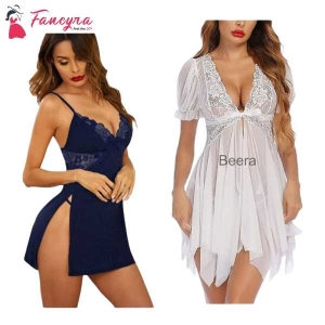 Fancyra Combo Set Of Nightwear Baby Doll Lingerie For Women For Honeymoon Free Size Navy Blue And White Color