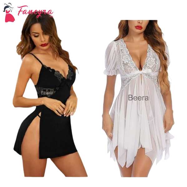 Fancyra Combo Set Of Nightwear Baby Doll Lingerie For Women Free Size Black And White Color