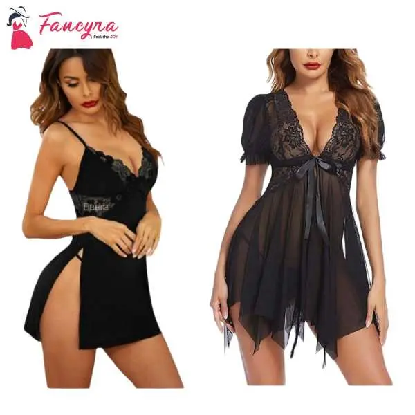 Fancyra Combo Set Of Nightwear Baby Doll Lingerie For Women Free Size Black Color
