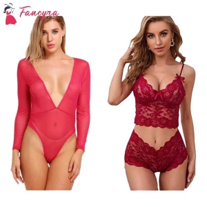Fancyra Combo Set Of Stylish Babydoll Lingerie And Bra Panty Set Free Size Pink And Maroon Color