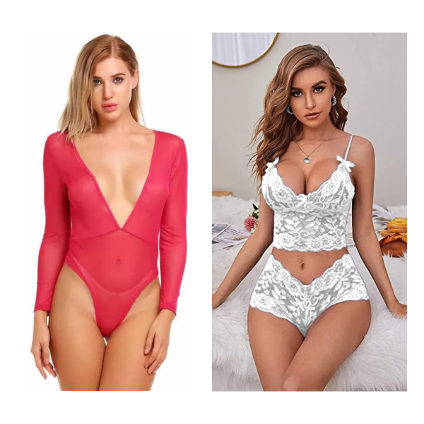 Fancyra Combo Set Of Stylish Babydoll Lingerie And Bra Panty Set Free Size Pink And White Color - Image 2