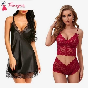 Fancyra Combo Set Of Stylish Babydoll Lingerie With G String Panty And Bra Panty Set Free Size Black And Maroon Color