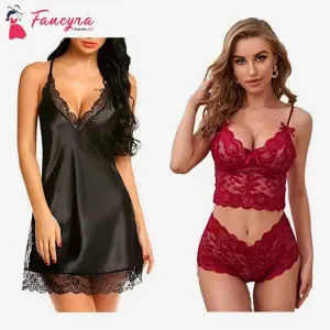 Fancyra Combo Set Of Stylish Babydoll Lingerie With G String Panty And Bra Panty Set Free Size Black And Maroon Color