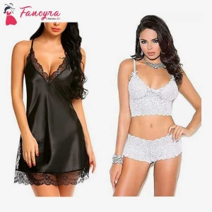 Fancyra Combo Set Of Stylish Babydoll Lingerie With G String Panty And Bra Panty Set Free Size Black And White Color