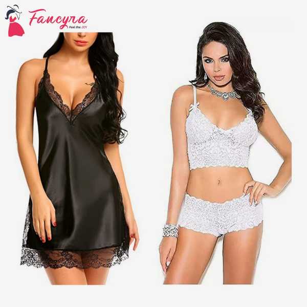 Fancyra Combo Set Of Stylish Babydoll Lingerie With G String Panty And Bra Panty Set Free Size Black And White Color