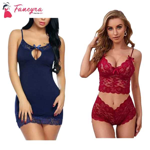 Fancyra Combo Set Of Stylish Babydoll Lingerie With G String Panty And Bra Panty Set Free Size Blue And Maroon Color