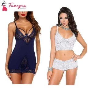Fancyra Combo Set Of Stylish Babydoll Lingerie With G String Panty And Bra Panty Set Free Size Blue And White Color