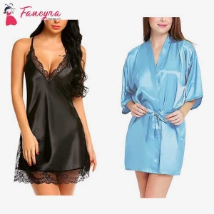 Fancyra Combo Set Of Stylish Babydoll Lingerie With G String Panty And Nightwear Free Size Black And Blue Color