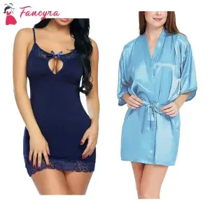 Fancyra Combo Set Of Stylish Babydoll Lingerie With G String Panty And Nightwear Free Size Blue Color