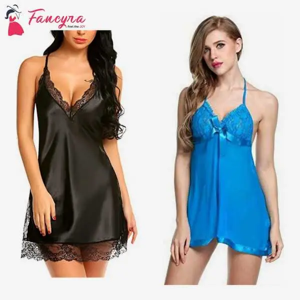 Fancyra Combo Set Of Stylish Babydoll Lingerie With G String Panty Free Size Black And Blue Color
