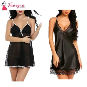 Fancyra Combo Set Of Stylish Babydoll Lingerie With G String Panty Free Size Black Color