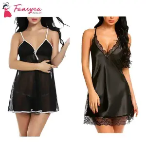 Fancyra Combo Set Of Stylish Babydoll Lingerie With G String Panty Free Size Black Color