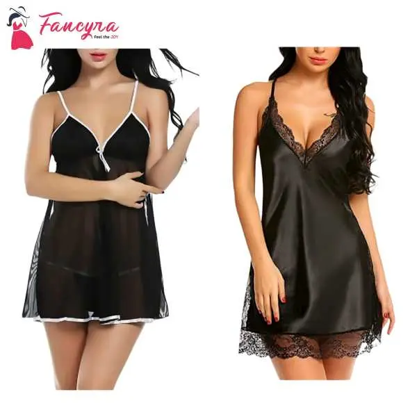 Fancyra Combo Set Of Stylish Babydoll Lingerie With G String Panty Free Size Black Color