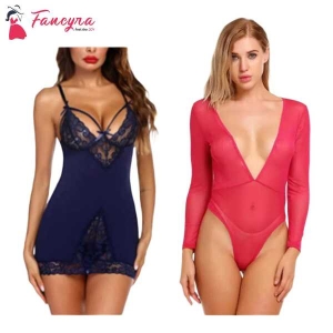 Fancyra Combo Set Of Stylish Babydoll Lingerie With G String Panty Free Size Blue And Pink Color