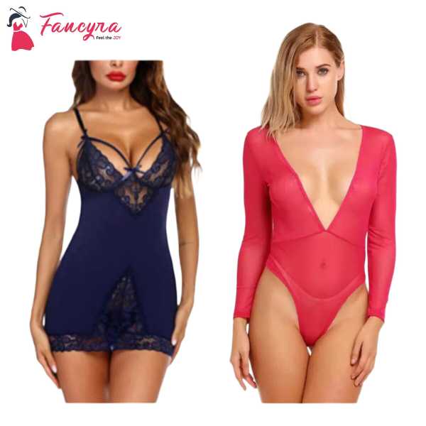 Fancyra Combo Set Of Stylish Babydoll Lingerie With G String Panty Free Size Blue And Pink Color