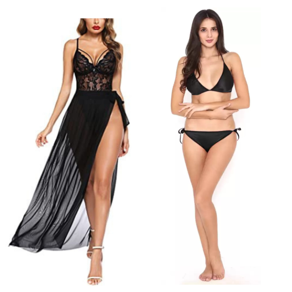 Fancyra Combo Set Of Stylish Nightwear Nightgown And Bra Panty Set Free Size Wine Red And Black Color - Image 2
