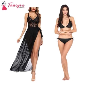 Fancyra Combo Set Of Stylish Nightwear Nightgown And Bra Panty Set Free Size Wine Red And Black Color