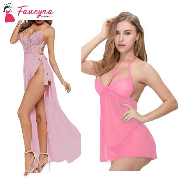 Fancyra Combo Set Of Stylish Nightwear Nightgown And Lingerie Free Size Pink Color