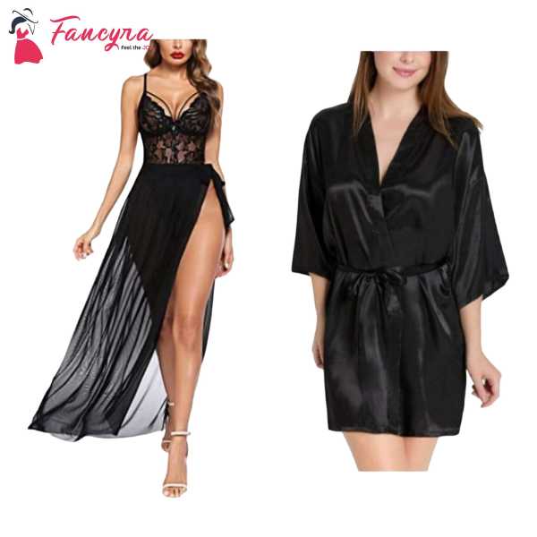 Fancyra Combo Set Of Stylish Nightwear Nightgown And Nightwear Free Size Black Color