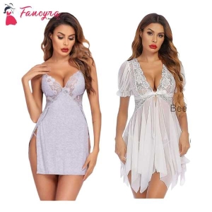 Fancyra Combo Set Of Women Lingerie Lace Chemise Nightgown Free Size Grey And White Color