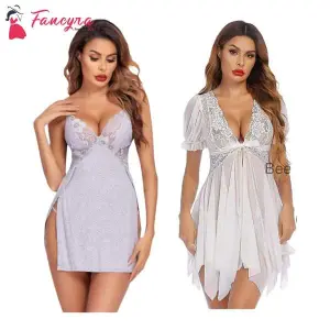 Fancyra Combo Set Of Women Lingerie Lace Chemise Nightgown Free Size Grey And White Color