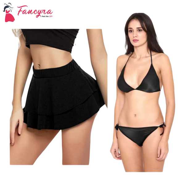 Fancyra Combo Set Of Women Pleated Mini Skirt Solid Ruffle Lingerie Skirts And Bra Panty Set Free Size Black Color