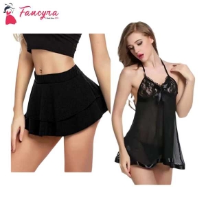 Fancyra Combo Set Of Women Pleated Mini Skirt Solid Ruffle Lingerie Skirts And Lingerie Set Free Size Black Color