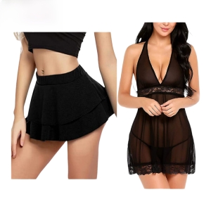 Fancyra Combo Set Of Women Pleated Mini Skirt Solid Ruffle Lingerie Skirts And Lingerie Set Free Size Black Color