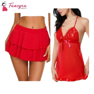 Fancyra Combo Set Of Women Pleated Mini Skirt Solid Ruffle Lingerie Skirts And Lingerie Set Free Size Red Color
