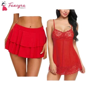 Fancyra Combo Set Of Women Pleated Mini Skirt Solid Ruffle Lingerie Skirts And Lingerie Set Free Size Red Color