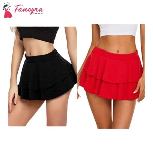 Fancyra Combo Set Of Women Pleated Mini Skirt Solid Ruffle Lingerie Skirts Free Size Black And Red Color