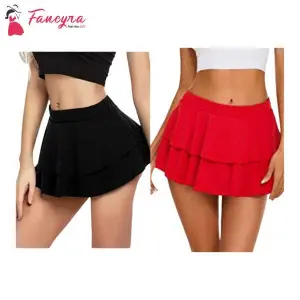 Fancyra Combo Set Of Women Pleated Mini Skirt Solid Ruffle Lingerie Skirts Free Size Black And Red Color