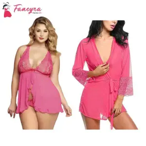 Fancyra Combo Set Of Women Polyester Nightwear Babydoll Dress With G String Panty And Nightwear Free Size Pink Color