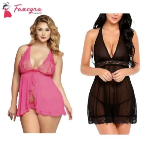 Fancyra Combo Set Of Women Polyester Nightwear Babydoll Dress With G String Panty Free Size Pink And Black Color