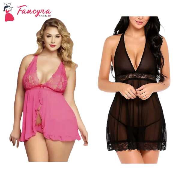Fancyra Combo Set Of Women Polyester Nightwear Babydoll Dress With G String Panty Free Size Pink And Black Color