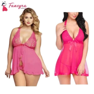 Fancyra Combo Set Of Women Polyester Nightwear Babydoll Dress With G String Panty Free Size Pink Color