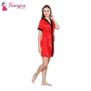 Fancyra Combo Set With Robe And Bikini Bra Panty Free Size Red Color