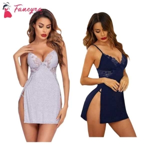 Fancyra Combo Set Women Cotton Lingerie Lace Chemise Nightgown For Honeymoon/First Night/Anniversary Free Size Grey And Navy Blue Color
