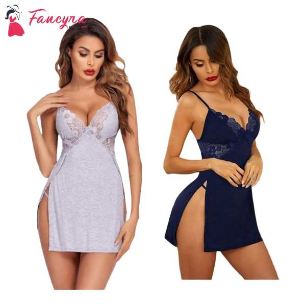 Fancyra Combo Set Women Cotton Lingerie Lace Chemise Nightgown For Honeymoon/First Night/Anniversary Free Size Grey And Navy Blue Color