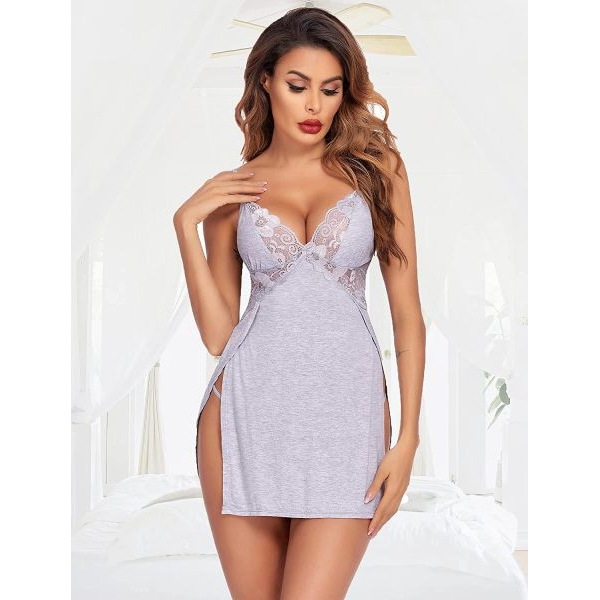 Fancyra Combo Set Women Lingerie Lace Chemise Nightgown Free Size Grey And Black Color - Image 3