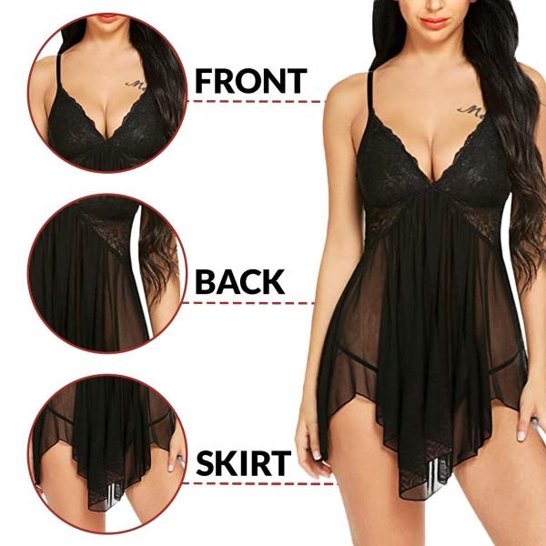 Fancyra Combo Set Women Lingerie Lace Chemise Nightgown Free Size Grey And Black Color - Image 4